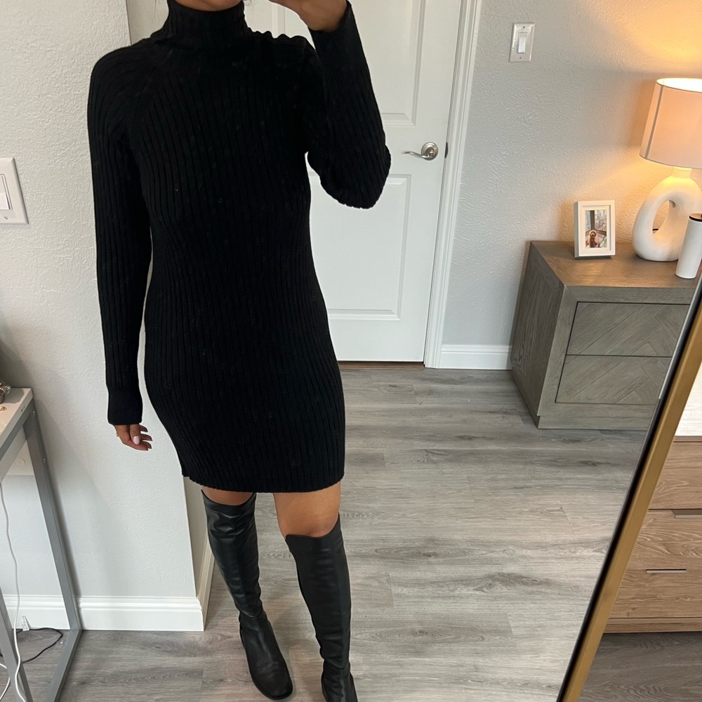 Aritzia Wilfred Black Knit Ribbed Turtleneck Dress, S.